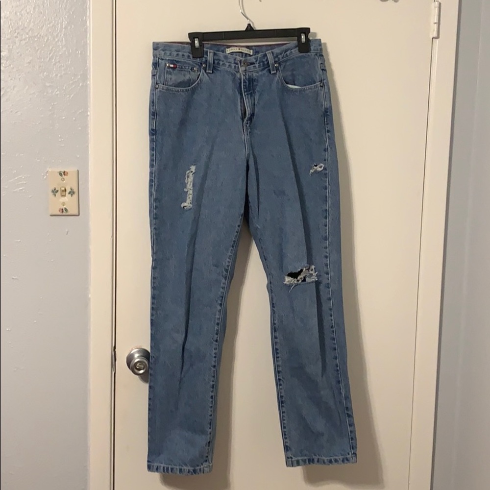 High wasted distressed mom jeans straight leg